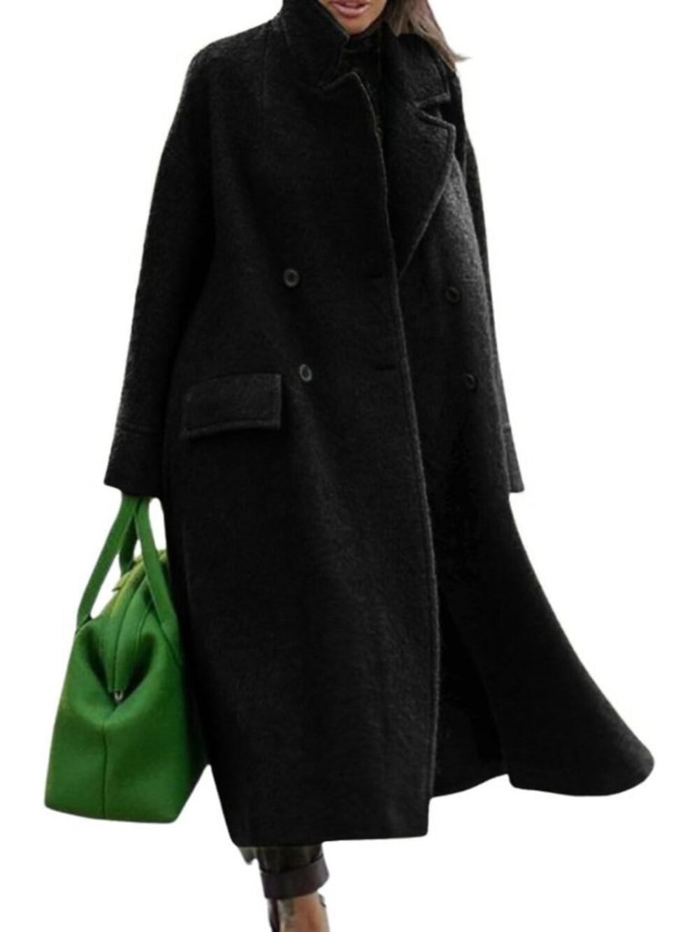 Women Black Long Sleeve Oversized Long Winter Coats Warm Wool Blend Trench Coat